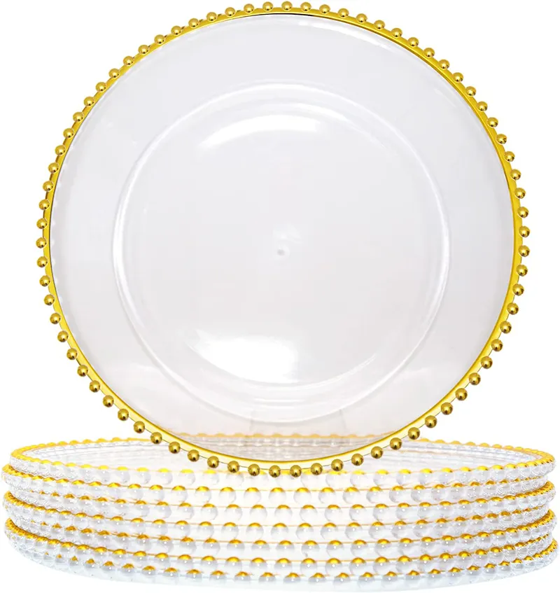 13-дюймовые прозрачные зарядные тарелки с золотыми бусинами оптом для свадебного украшения под тарелку прозрачные зарядные тарелки