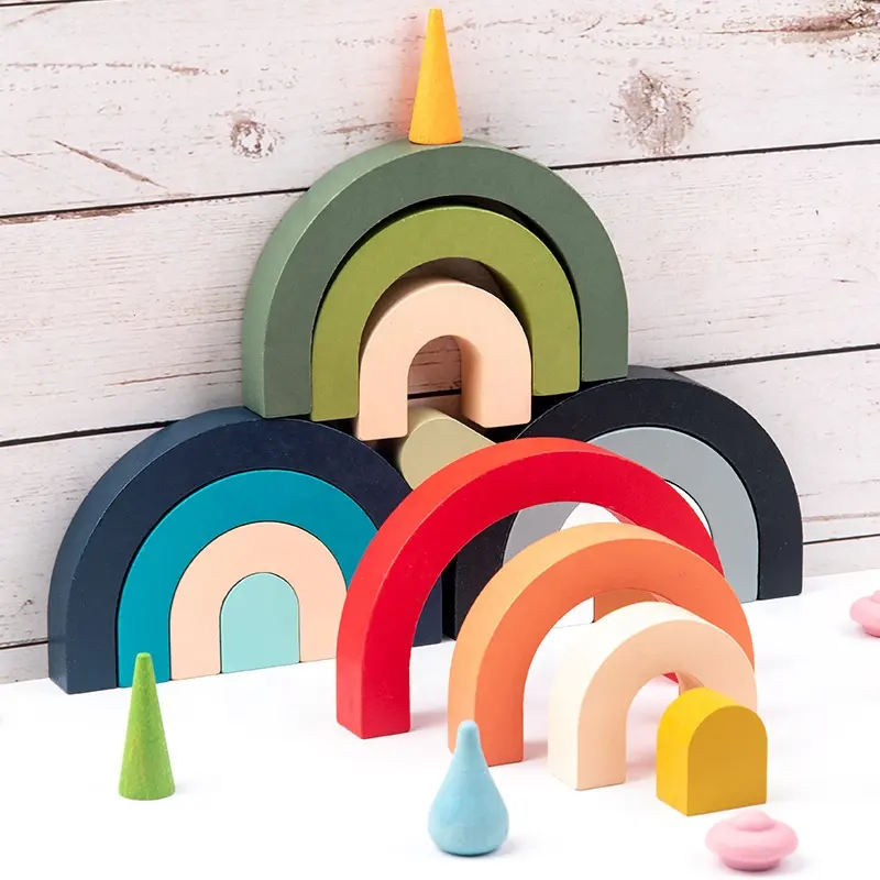 Montessori Wooden Rainbow Tower Kids Toys Arched Colorful Wooden Blocks Stacking Educational Toys Popular Gifts For Children
