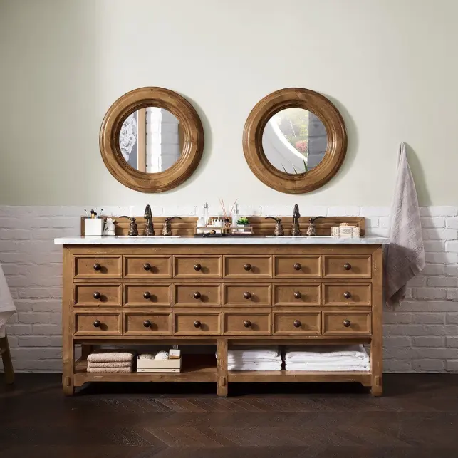 Европейская классическая Водонепроницаемая напольная стойка из цельной древесины для ванной комнаты с двойной раковиной