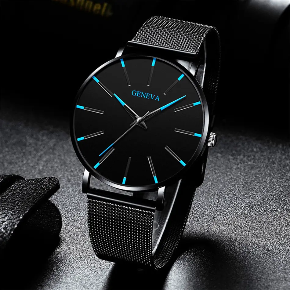 2022 Роскошные Мужские Элегантные ультратонкие часы GENEVA, мужские деловые кварцевые наручные часы из нержавеющей стали с сетчатым браслетом