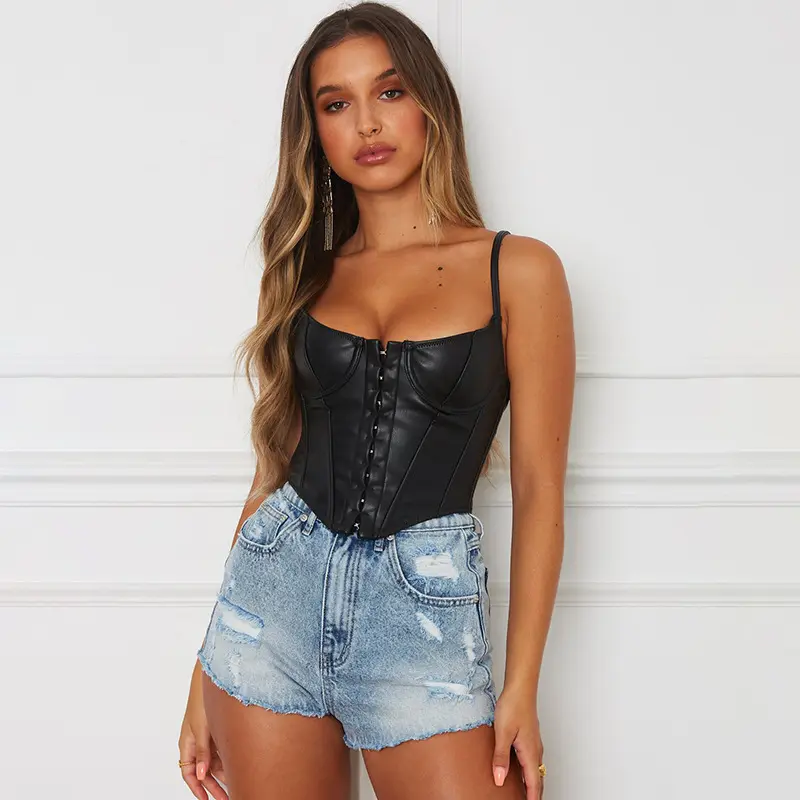 Fashion Low Cut Tank Tops Sexy Women Crop Top Pu Leather Corset Top Women