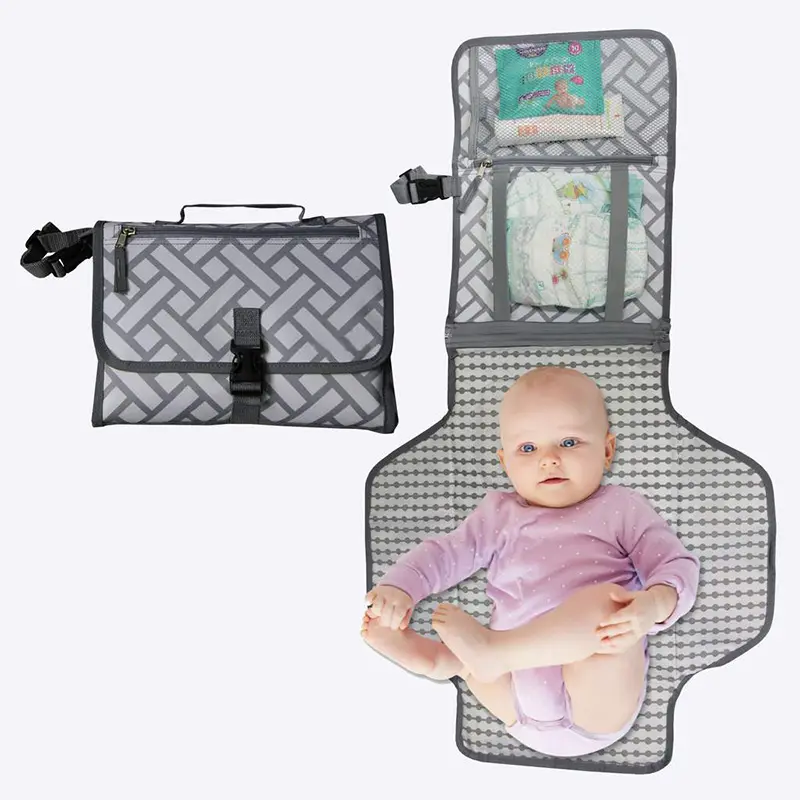 Factory directly chevron portable travel waterproof baby changing mat with built-in head pillow
