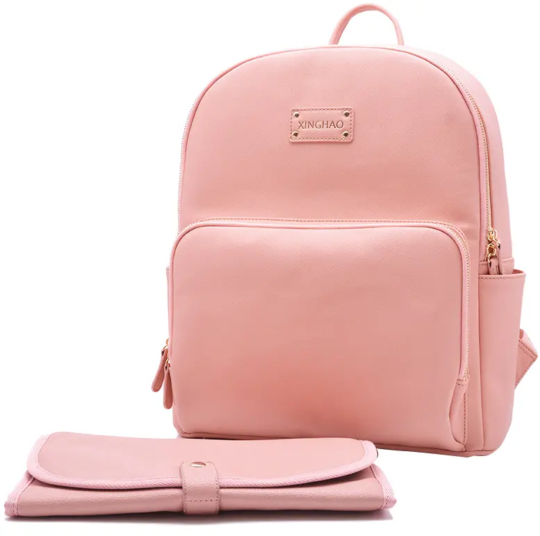 High Quality Custom Pink Vegan Leather Waterproof Baby Diaper Mommy Bag Backpack With Changing Mat