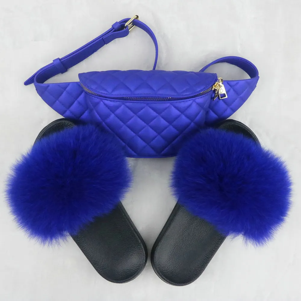 2020 Factory wholesale colorful waterproof waist purse women match faux fur slippers fanny pack set