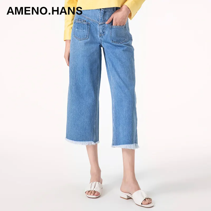 Wholesale Solid Color Mid Waist Women Casual Trendy Design Women Long Pants Jeans Trousers