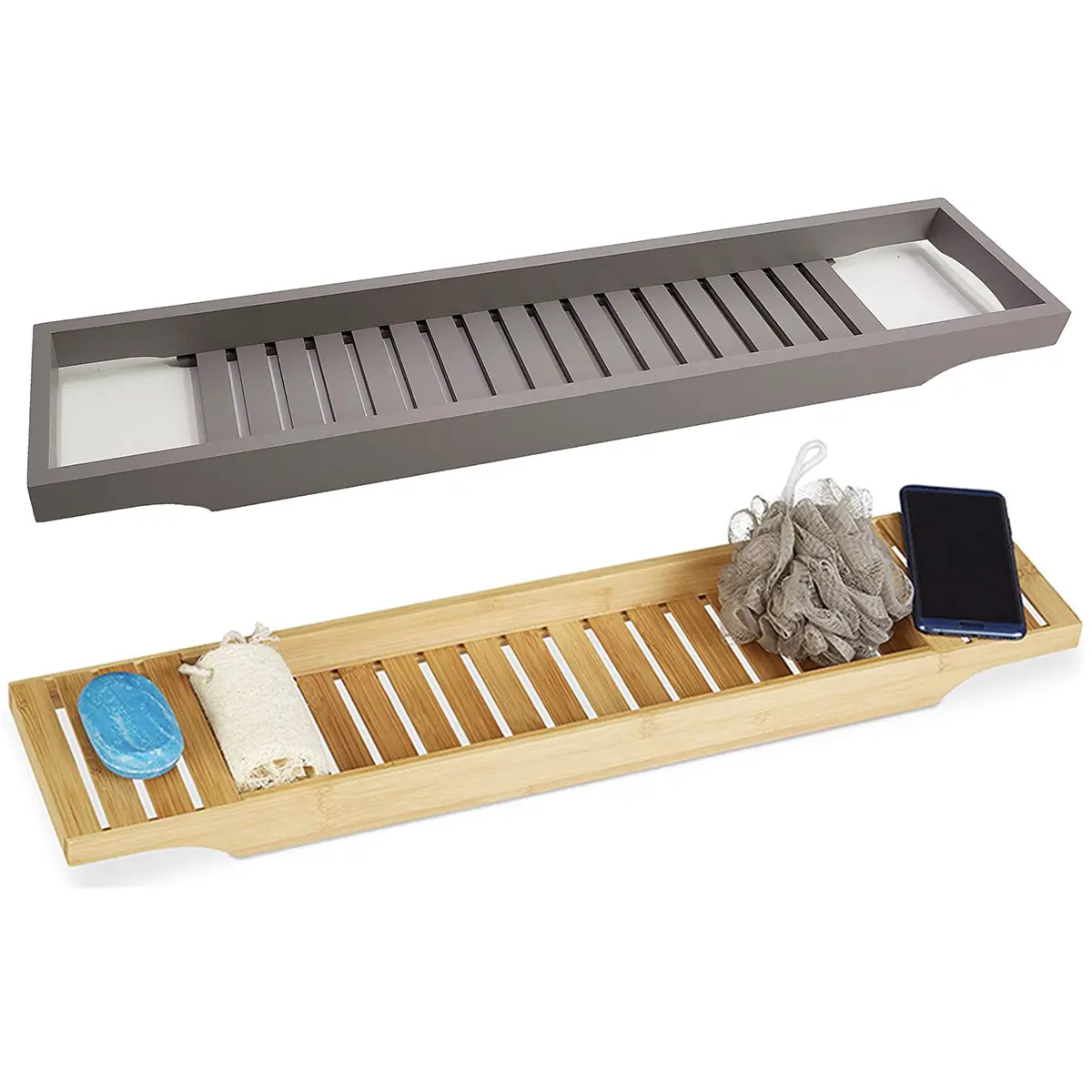 Bamboo Bath Caddy with Luxury Gift Box  Waterproof Bath Tub Tray Grey Nature Color