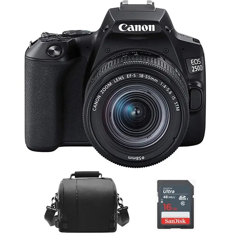 CANON EOS 250D Black DSLR with EF-S 18-55mm F4-5.6 IS STM Lens + Camera Bag + 16gb SD card (Rebel SL3)