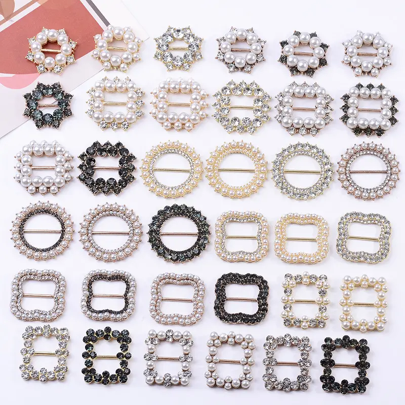 2023 fashion pearl decorations accessories bling square round shoe bag clothing buckle Waist pearl buckle for women