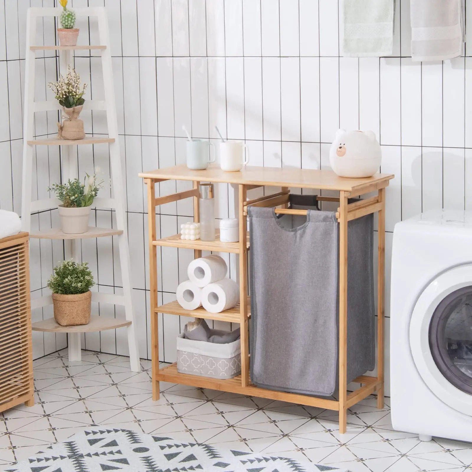 Freestanding Laundry Organizer  Sections Laundry Basket with Removable Liner Bamboo Laundry Hamper Stand And Shelf