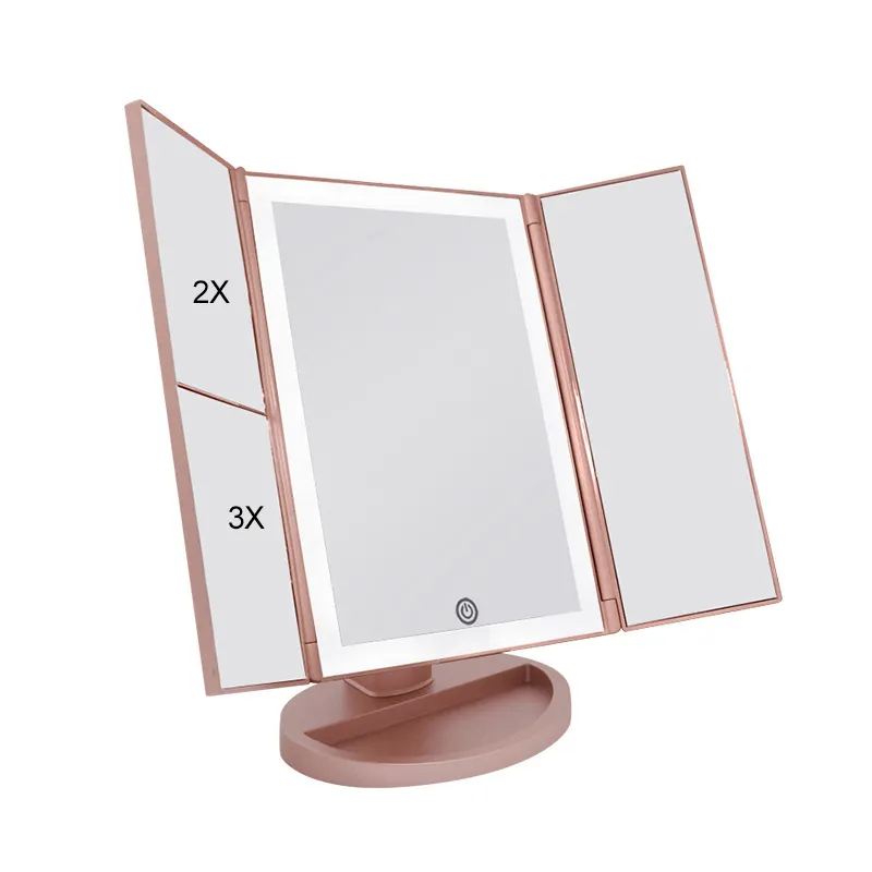 Portable Vanity Mirror 1/2/3X Magnifying Cosmetic 3 Folding 38pcs LED Light Touch Desktop Makeup Mirror Lamp Cosmetic