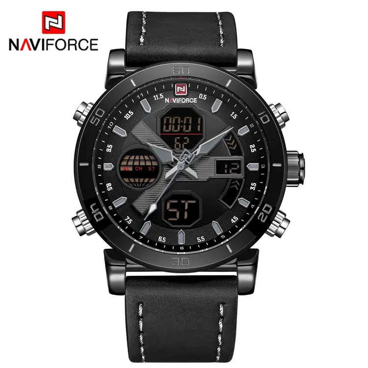 2019 горячая распродажа мужские часы кварцевые цифровые фирменные спортивные часы с двойным дисплеем, многофункциональный, натуральная кожа, водостойкие для мужчин naviforce 9132