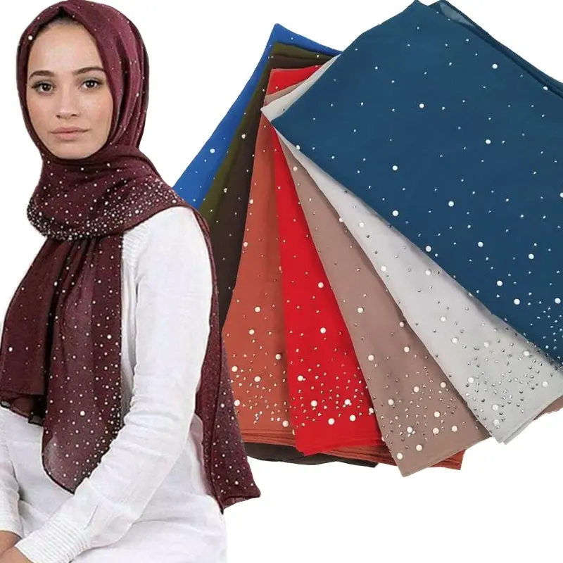 Однотонный шифоновый хиджаб с блестящими камнями, оптовая продажа, мусульманский хиджаб-шарф