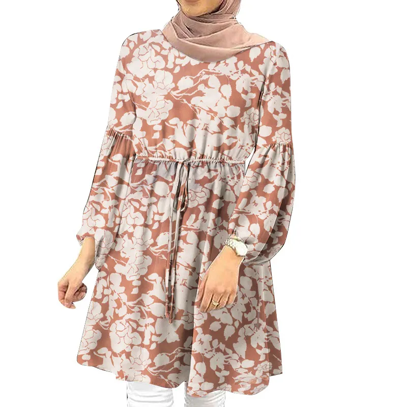 Исламская одежда на заказ, женские модные плиссированные топы с цветочным принтом, Повседневная Свободная футболка, мусульманская женская блузка с длинным рукавом