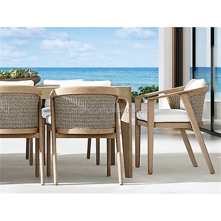 New Design Modern 6 Seater Handwoven Wicker Back Garden Dinning Table Set Teak Outdoor Furniture