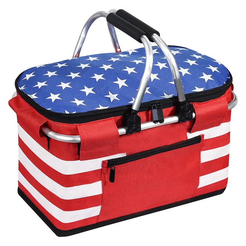 Insulated Picnic Basket Leak-Proof Collapsible Cooler Bag 26L Grocery Basket With Lid Storage Basket For Picnic Food Delivery