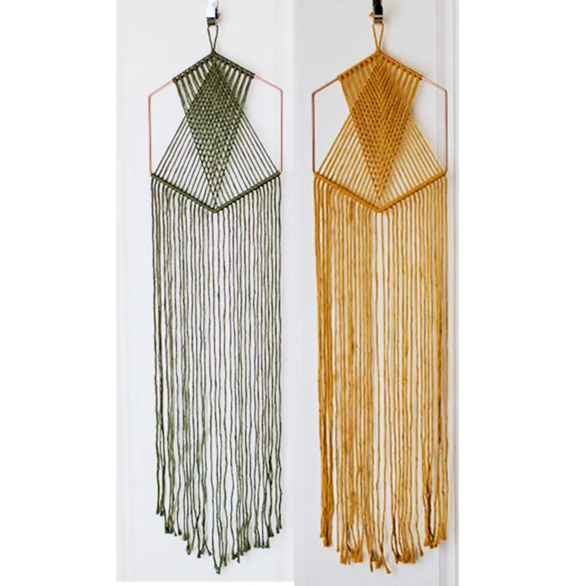 Geometric Macrame Wall Hanging Mustard Yellow Avocado Green Hexagonal Copper Hoop Ring Honeycomb Dream catcher