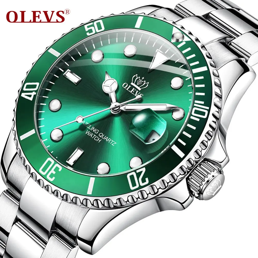 OLEVS 5885 мужские часы люксовый бренд Автоматическая Дата спортивные зеленый циферблат Кварцевые водонепроницаемые светящиеся наручные часы из нержавеющей стали сетка для плавания