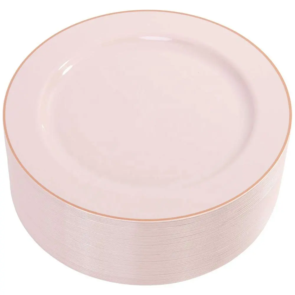 Свадебная розовая с розовым золотом одноразовая пластиковая тарелка
