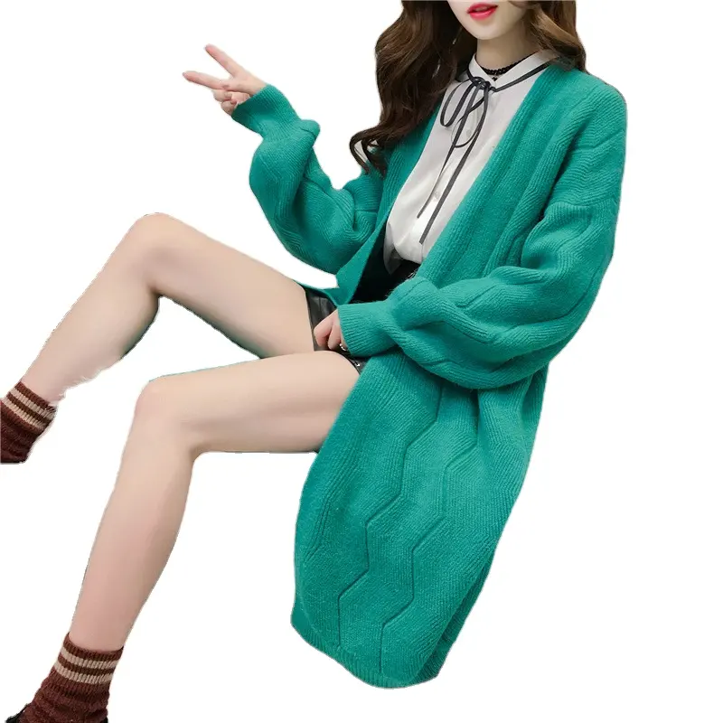 Женский вязаный кардиган с карманами, свободный свитер средней длины с V-образным вырезом и рукавами-фонариками, корейский стиль, весна