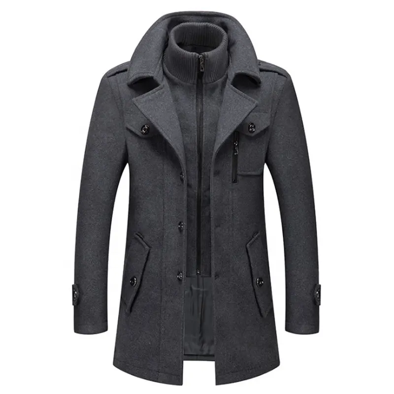 Мужское однотонное пальто, повседневное пальто из смешанной шерсти, с двойным воротником, Осень-зима