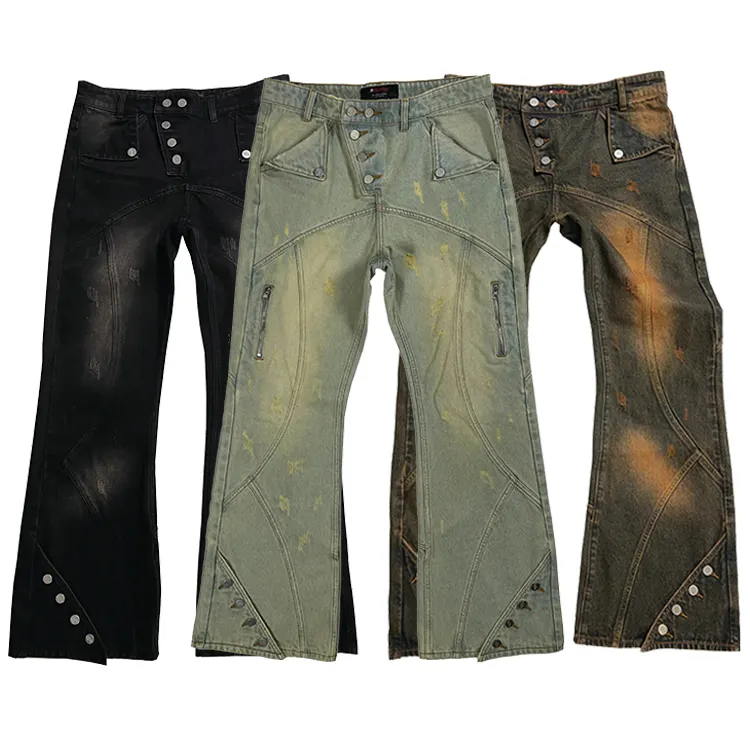 Новинка, винтажные брюки, 100% хлопковые мужские джинсы с пуговицами сбоку, расклешенные джинсовые джинсы