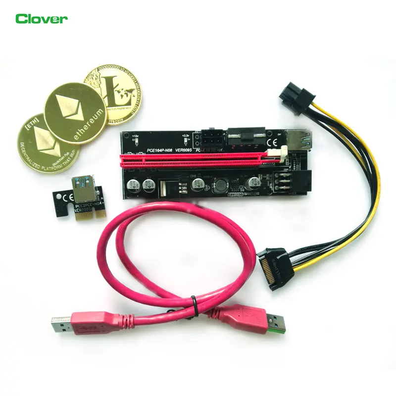 Riser 009S For Bitcoin Miner With 3 LED Lights Pcie riser Adapter Gold Plated USB 3.0 1X to 16X 6 PIN PCIE Riser Card