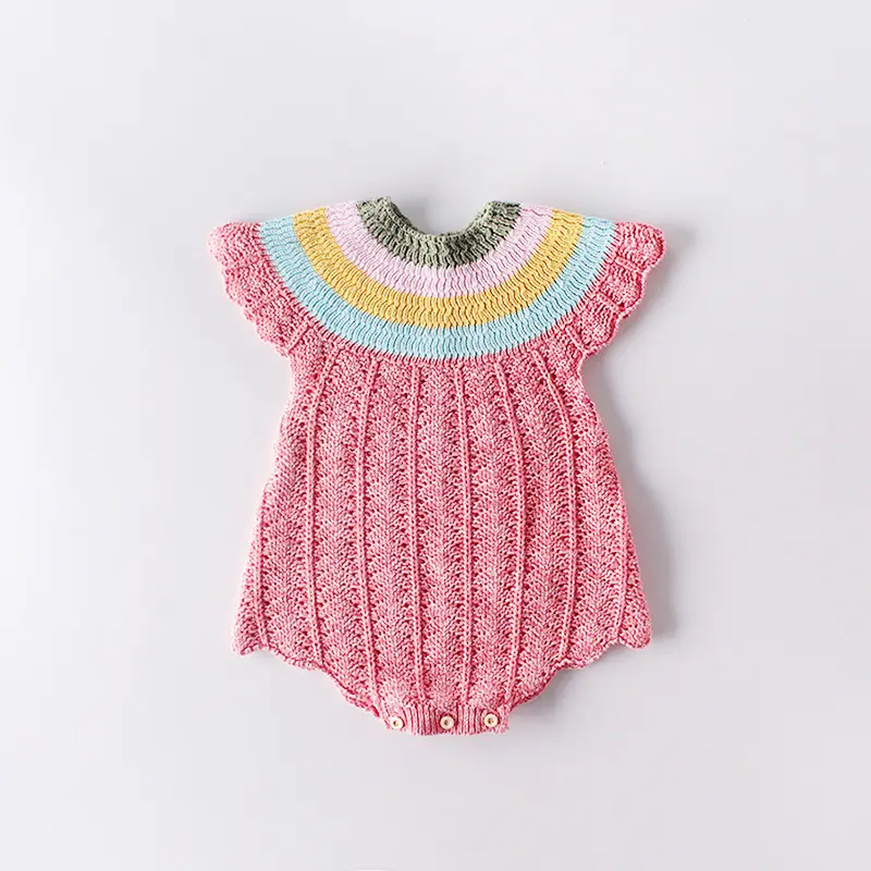 Ins Hot Sales Autumn Rainbow Color Knitted Baby Romper Clothes Toddler Sweater Infant Knitwear Jumpsuit Newborn Baby Homewear