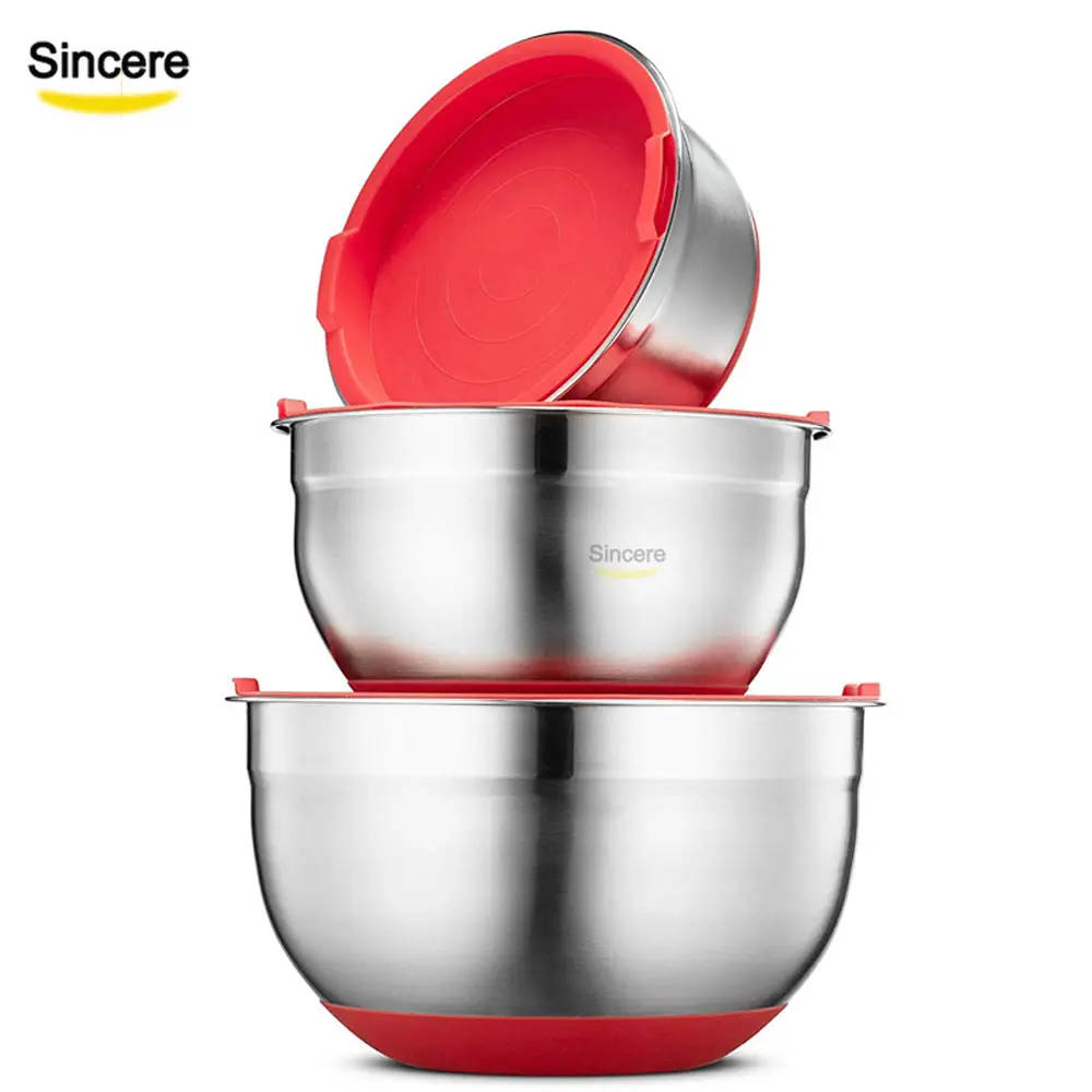 Airtight 1.5qt 3.0qt 5.0qt stainless steel mixing bowls nested bowl set with lids silicone bottom Red