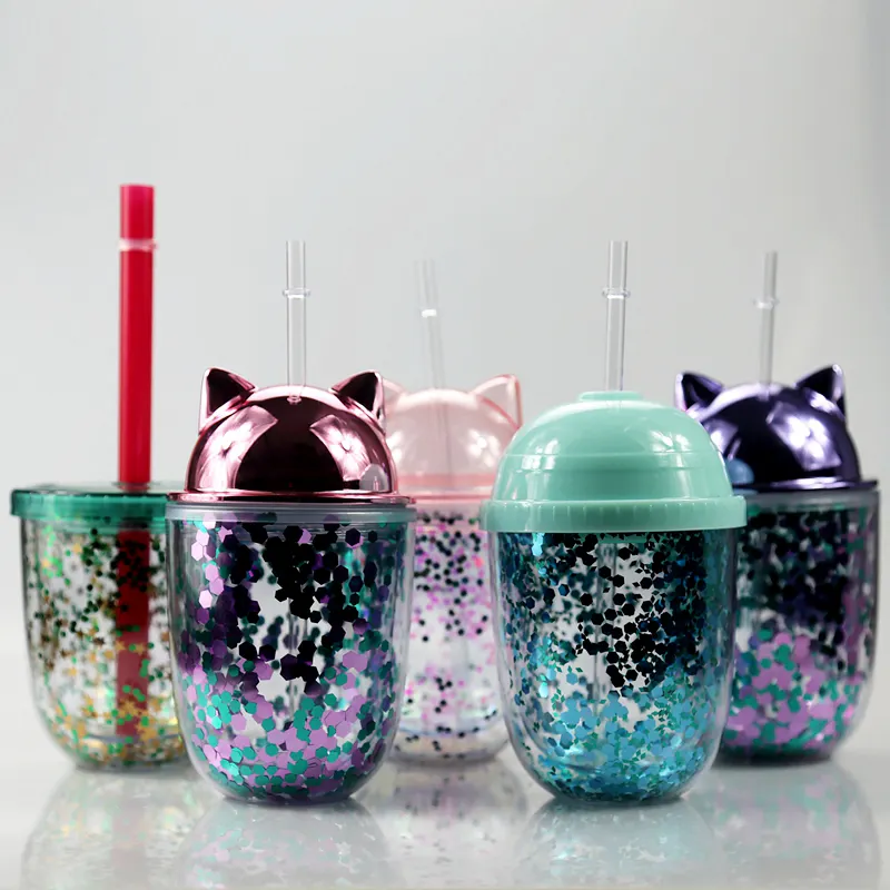 Hot Selling Reusable 350 ML Glittering Cat Ear Plastic Acrylic Water Bottle with straw
