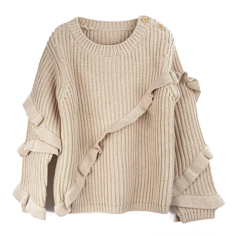 Newest Crew Neck Ruffles Pullover Cotton Knitwear Baby Kids knitted Sweater for little girls