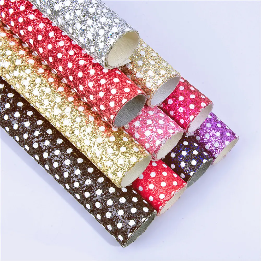 SR17080 Sparkle white polka dots pattern fabric chunky glitter pu shiny sequin synthetic leather fabric for bow making