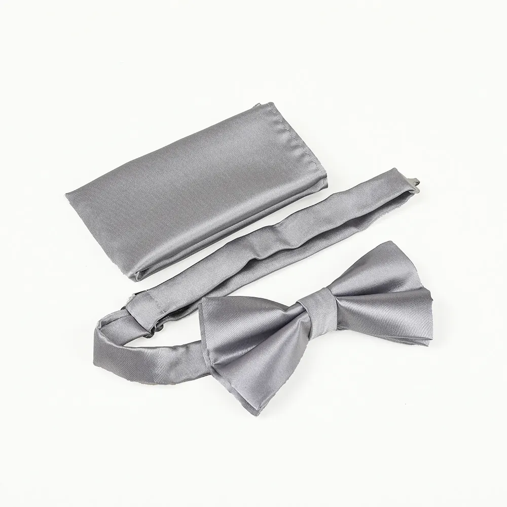 Silver Grey Men Satin Solid Color Pre-tied Tuxedo Bowtie Bow Tie Handkerchief Pocket Square Set