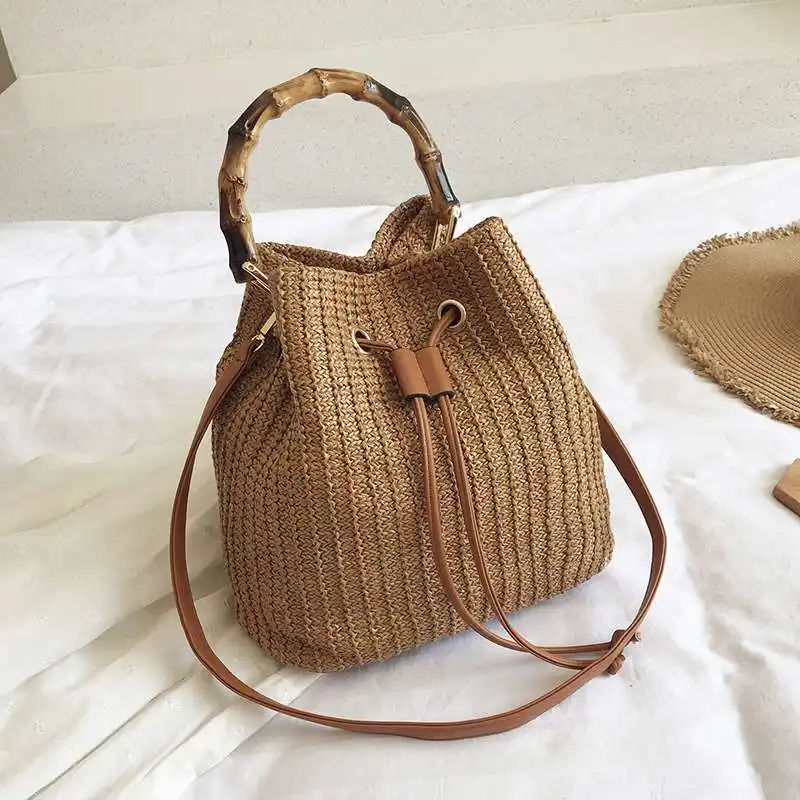 fashion bamboo handle bucket straw beach summer bags 2021 crossbody drawstring purses and handbags for women ladies hand bags