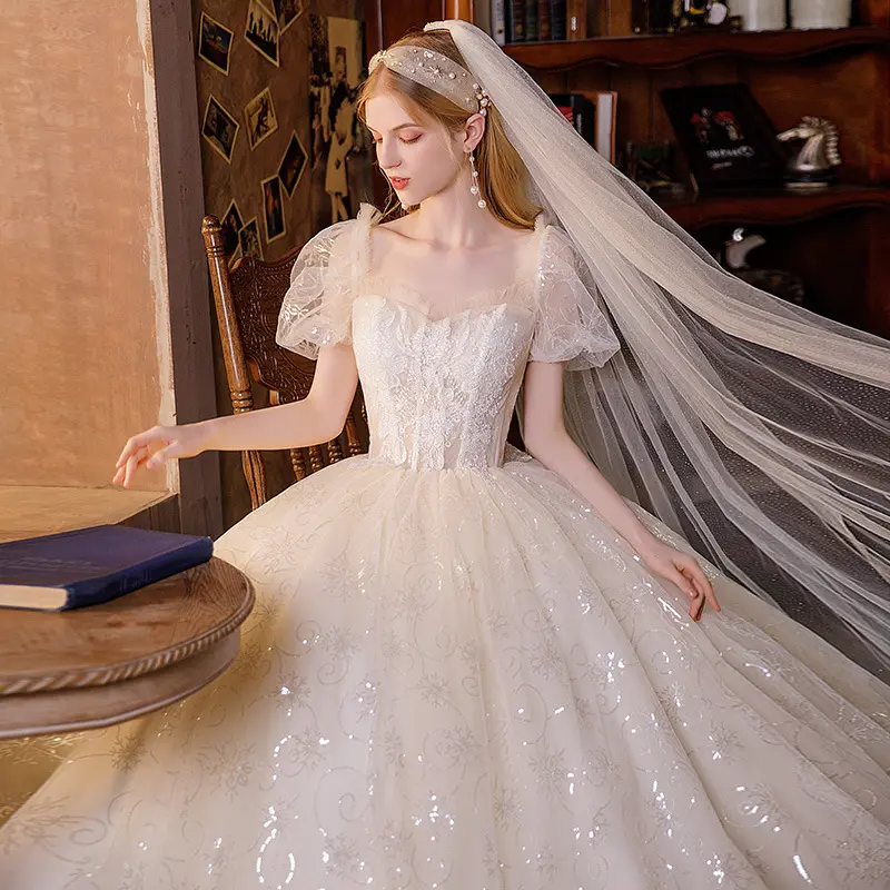 Свадебное платье цвета шампанского для невесты, новинка 2022, французское супер-блестящее платье большого размера на осень и зиму с коротким рукавом и толстыми рукавами