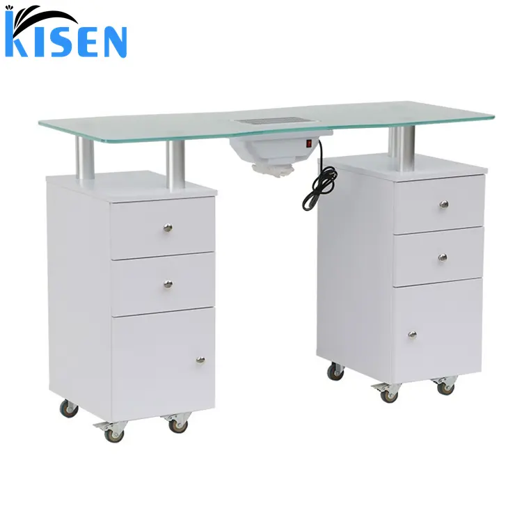 French Modern Style Cheap Beauty Salon Furniture Glass Top Portable High Gross Spa White Manicure Station Tech Nail Table