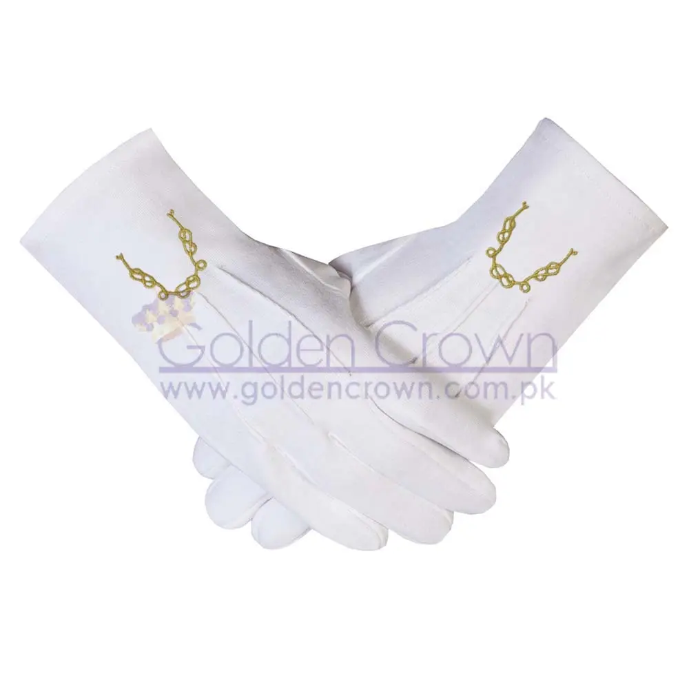 High Quality Cheap Masonic Mitten embroidered cotton gloves Gold Masonic chain  | Masonic Parade Gloves Supplier