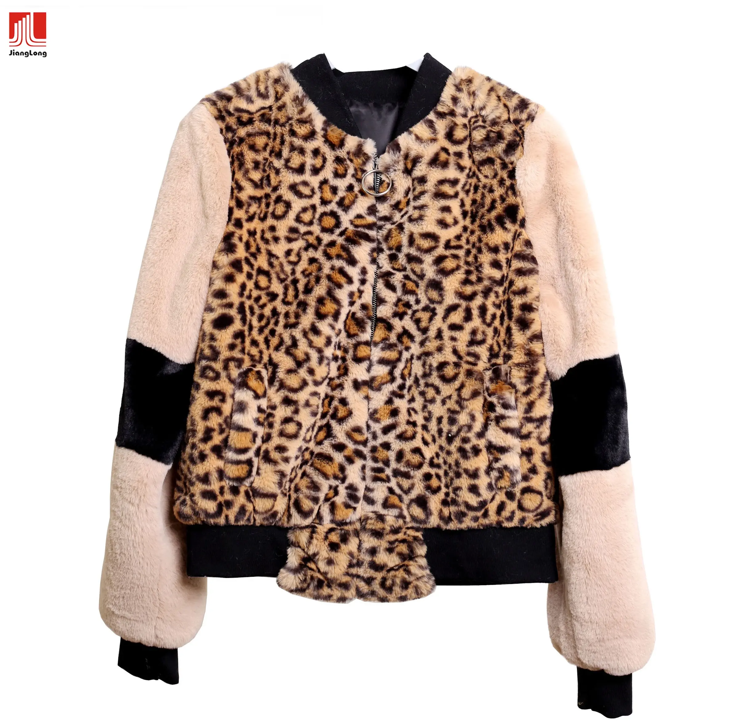 New designed ladise's faux fur solid and leopard animal printing baseball bomber jacket poncho