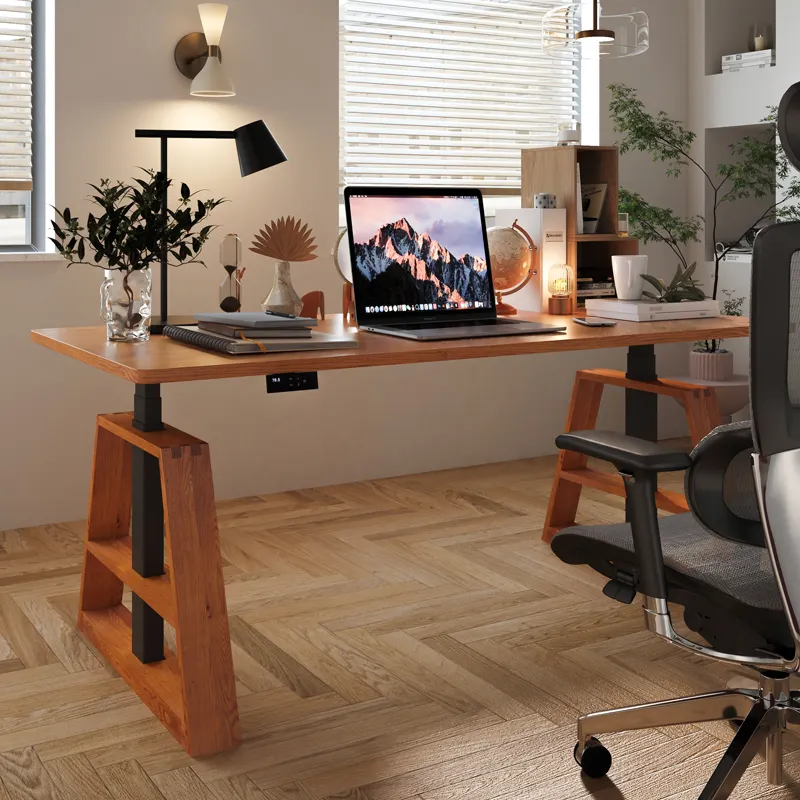 Height Adjustable Standing Desk With Wooden Frame Legs Sit to Stand Electric Desk