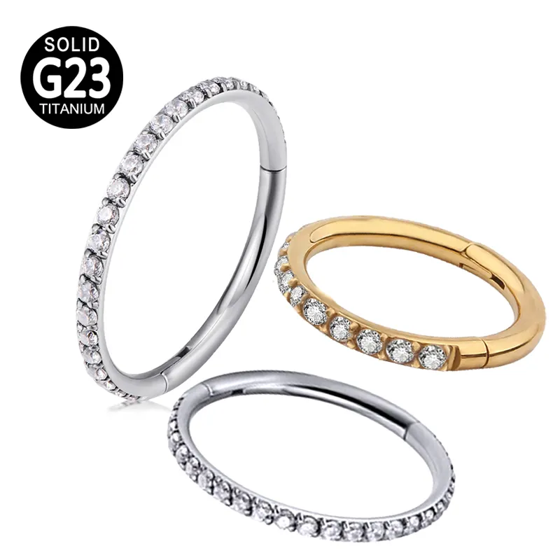 G23/ASTM F136 Titanium Hinged Clicker Segment Hoop Ring With CZ Pave Side