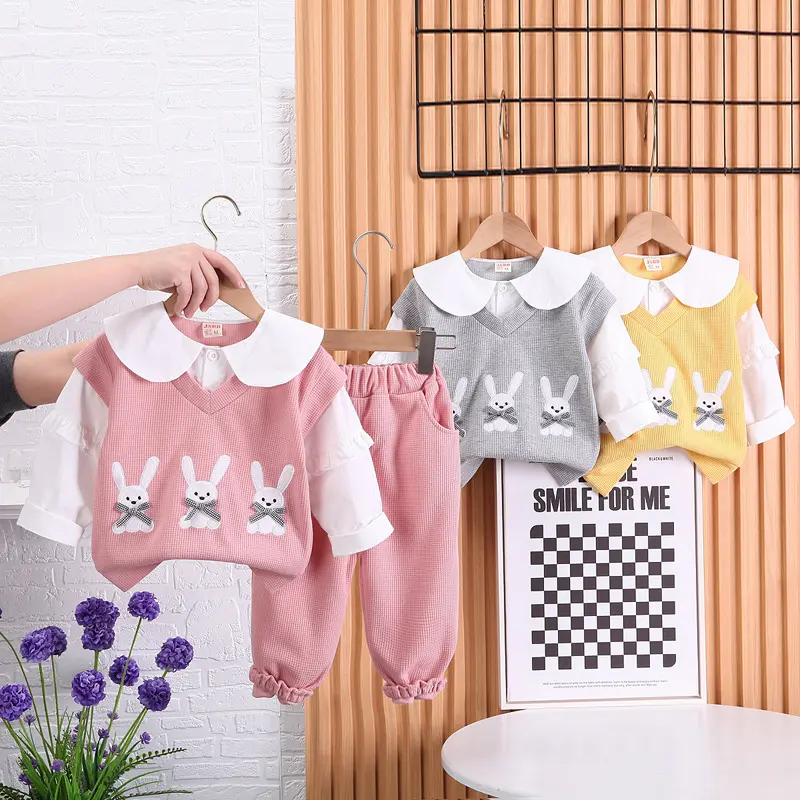 Осенний Модный комплект одежды для девочек, свитер с двумя цветами, комплект из трех предметов, модная детская одежда