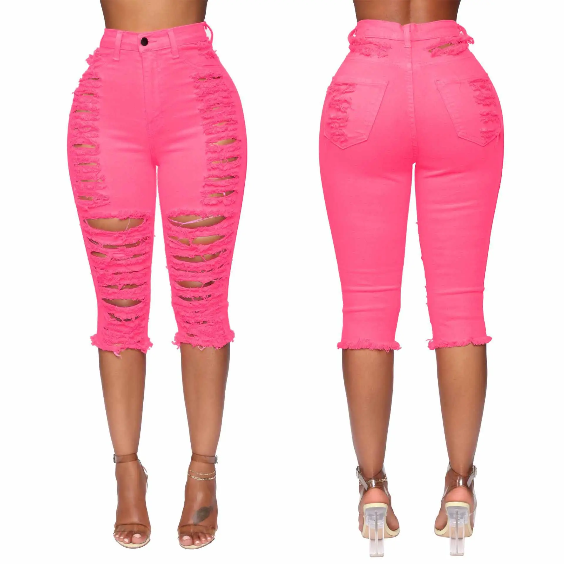 Розовые рваные джинсы до колена с высокой талией, узкие джинсовые брюки-карандаш