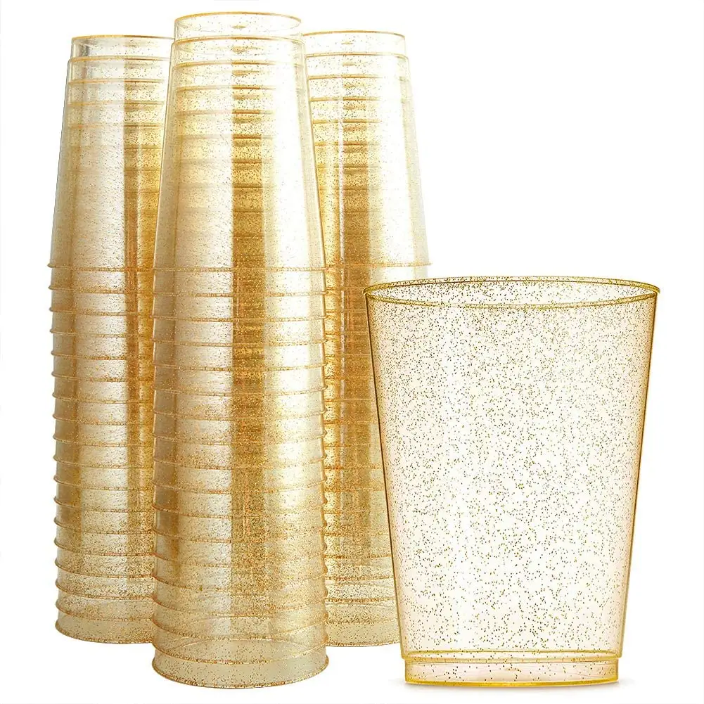 WDF 100pcs 12OZ Disposable Gold Glitter Clear Plastic Cups Premium Wedding Party Tumblers