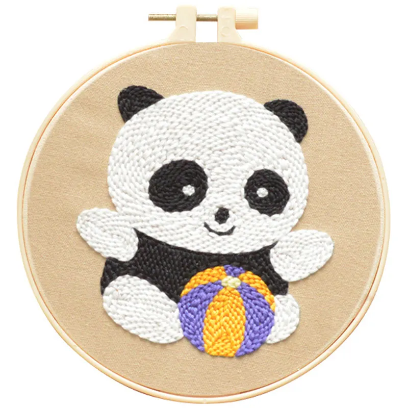 10pcs Wholesale Punch Needle Starter Kit Animal Rug Hooking Beginner Kit And 7.9'' Hoop For Kids Adults Craft Gift-Panda