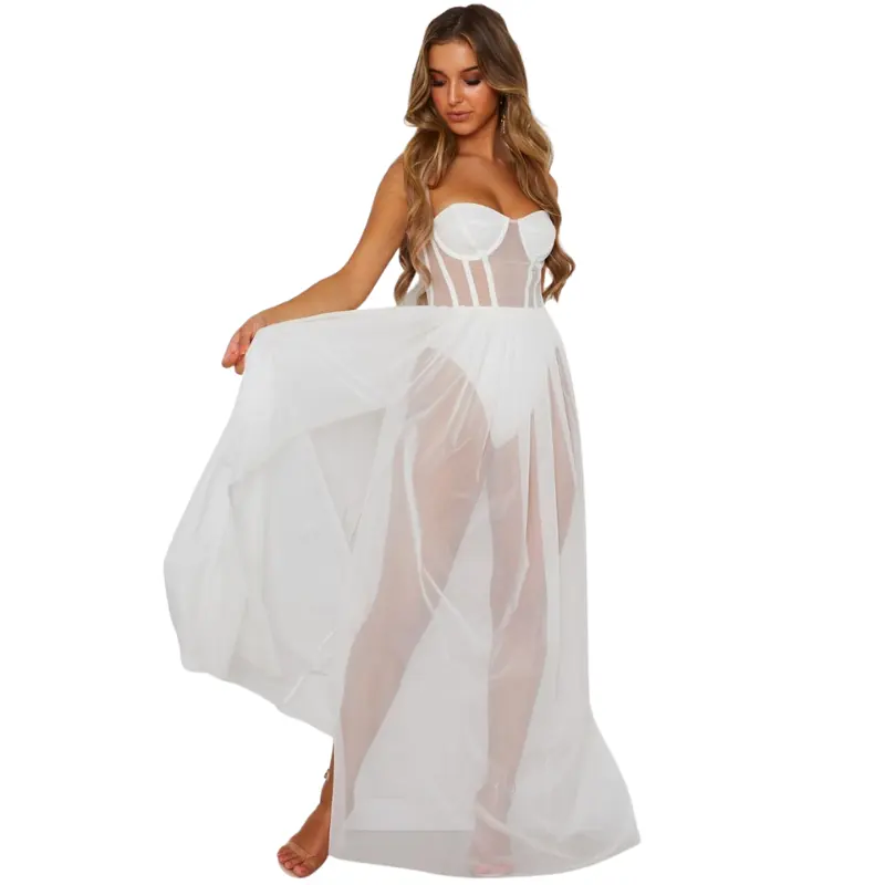 Горячая Распродажа, женское сексуальное нижнее белье, одежда для использования, белое Сетчатое длинное платье-юбка
