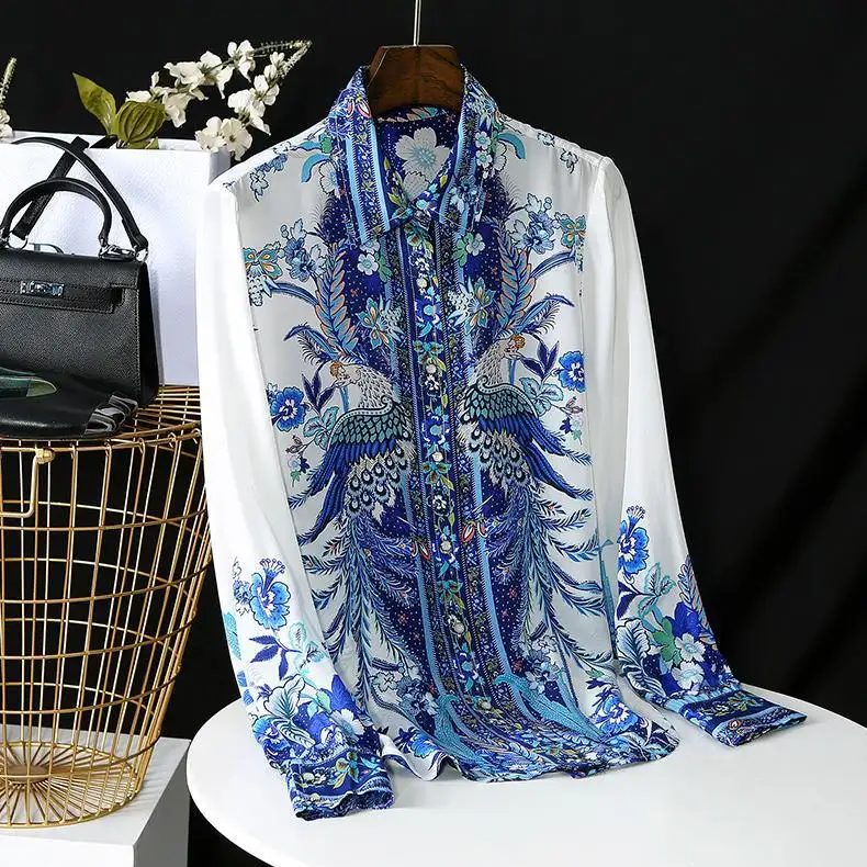 The new autumn 2021 vintage silk shirt Phoenix print top chiffon long-sleeved shirt