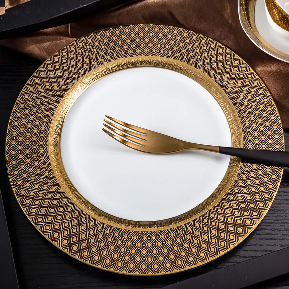 Уникальный узор для отеля, керамическая тарелка с золотым ободком для банкета и вечеринки, тарелка из фарфора, 12 дюймов