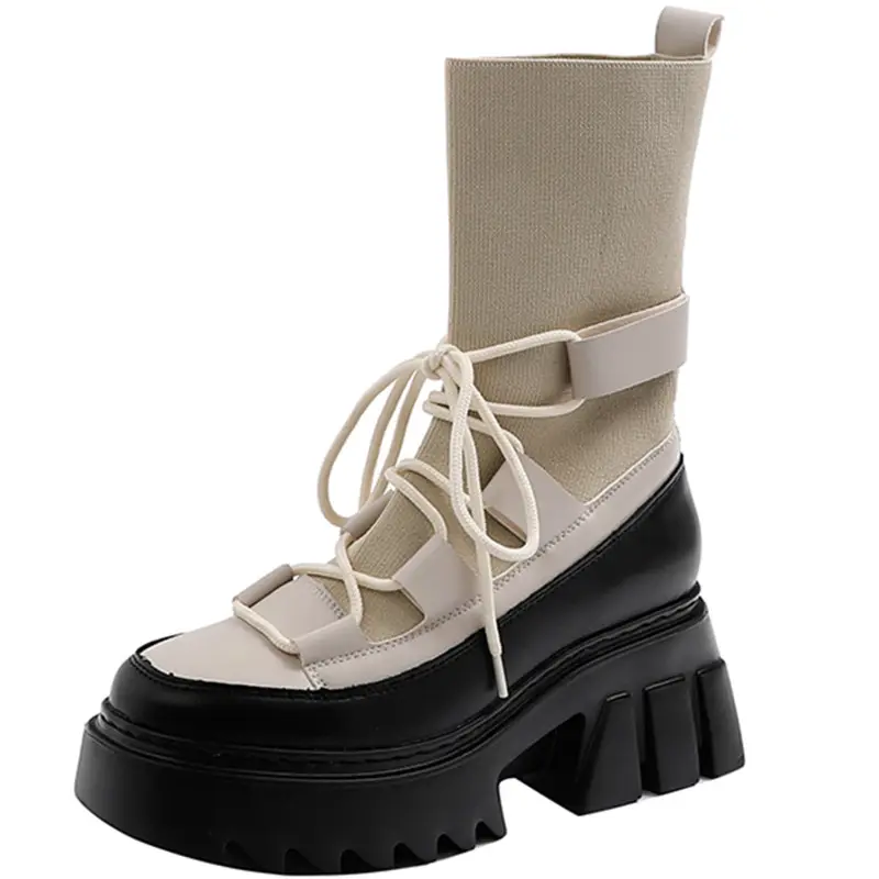 Женские эластичные ботинки на шнуровке, модные женские длинные ботинки из натуральной кожи, осенняя женская обувь на платформе больших размеров, 2020