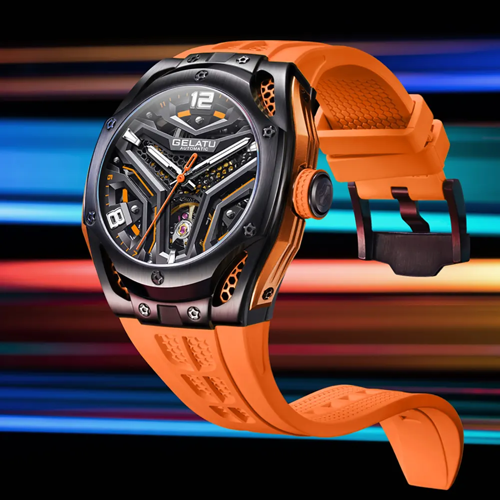 GELATU 6007 oem настраиваемые часы скелет полый турбийон с резиновым ремешком модные спортивные автоматические механические часы для мужчин