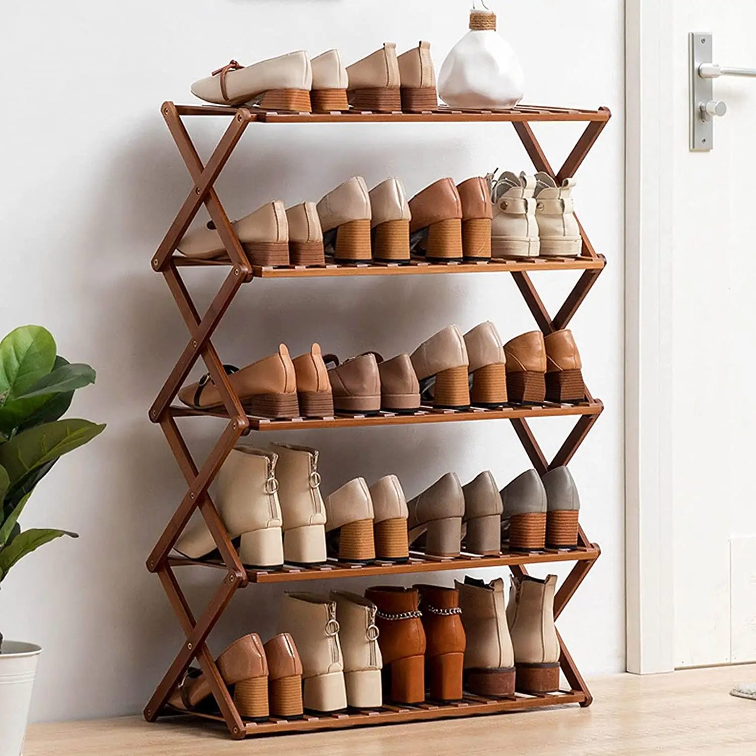 GREAT 2021 New Product Stable Durable 5 Tier Foldable Bamboo Shoe Rack For Home Entryway