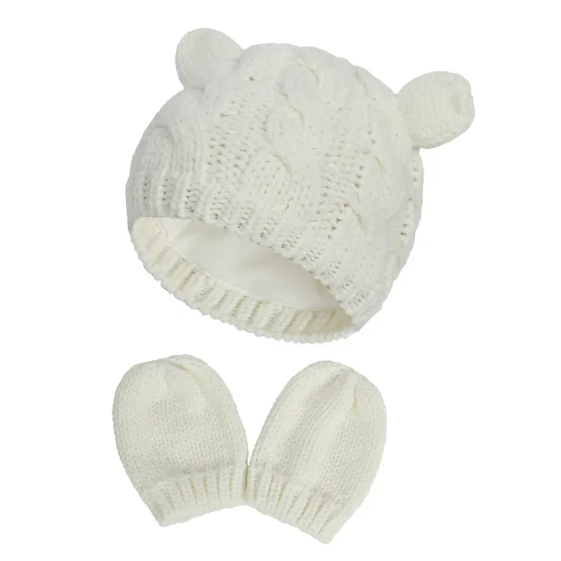 Winter Warm Wool Solid Color Stretchy Infant Protect 0-2 Years Old Boy Newborn Baby Caps Hat And Mittens Set